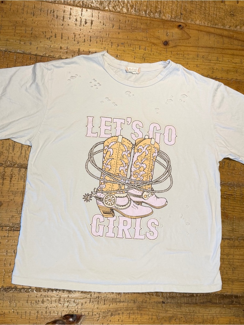 Altar'd State Beige Tee with Pink & Yellow Graphic and Intentional Holes